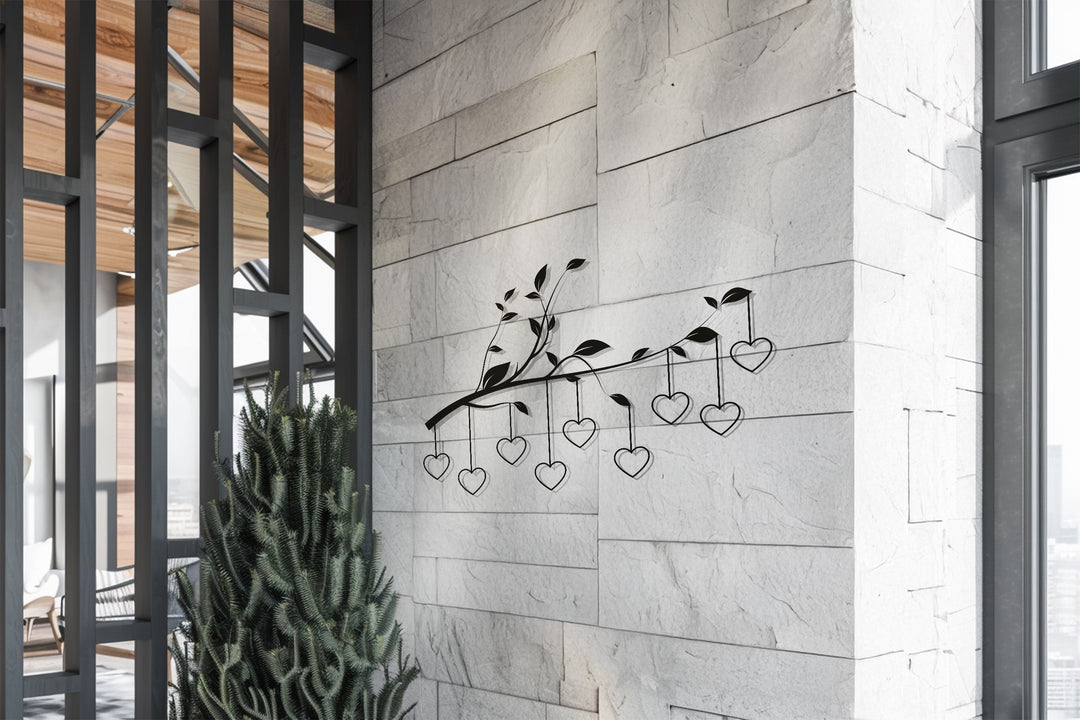 Hanging Hearts on Branch – Romantic Metal Wall Art
