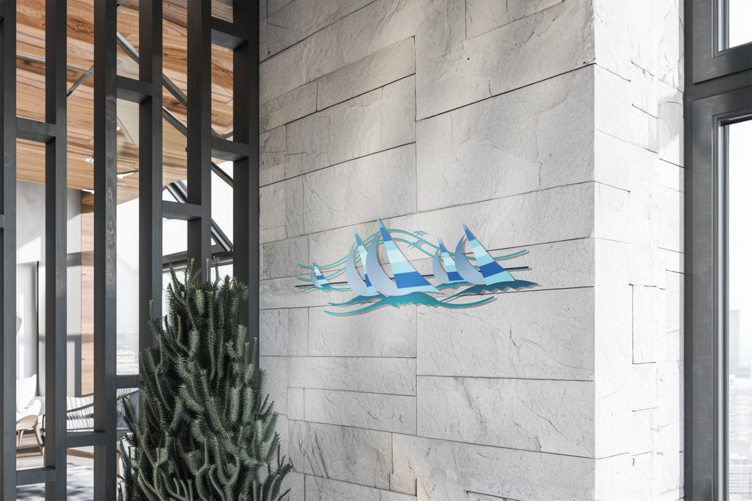 Sailing Harmony Metal Wall Art – Modern Blue Nautical Decor
