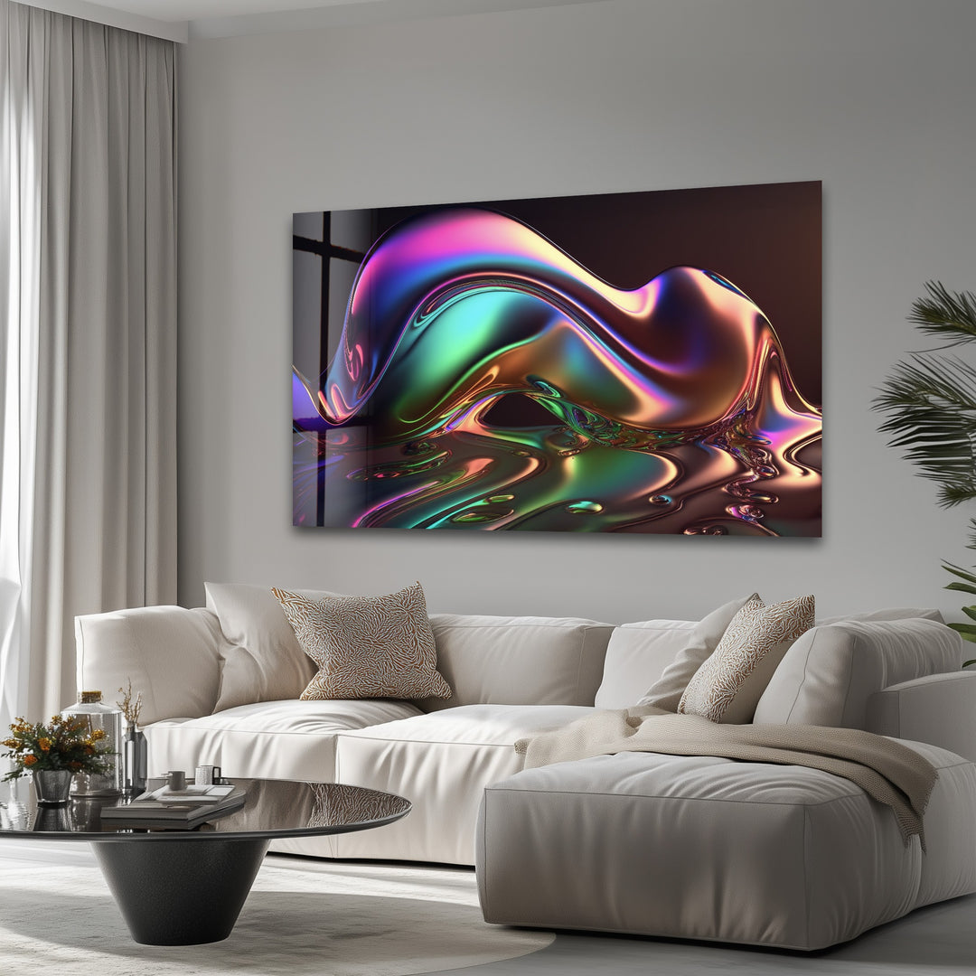 Neon Mirage Crest – Iridescent Chrome Wave Glass Wall Art