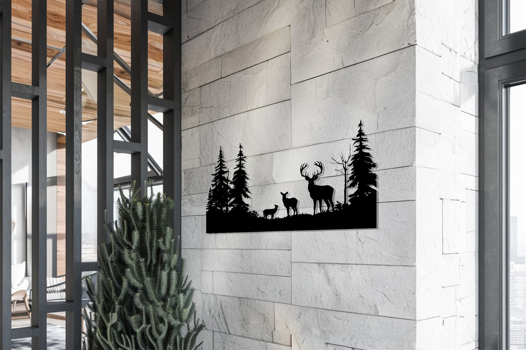 Family of Deer in Forest Metal Wall Art – Rustic Wildlife Decor