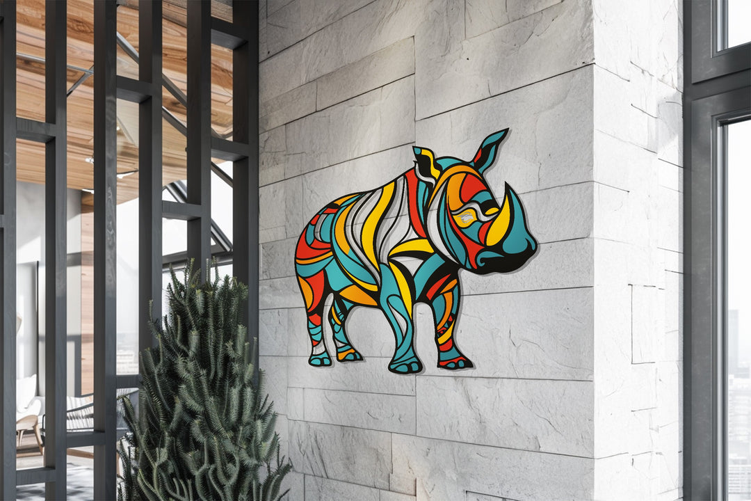 Colorful rhino wall art made of premium durable metal