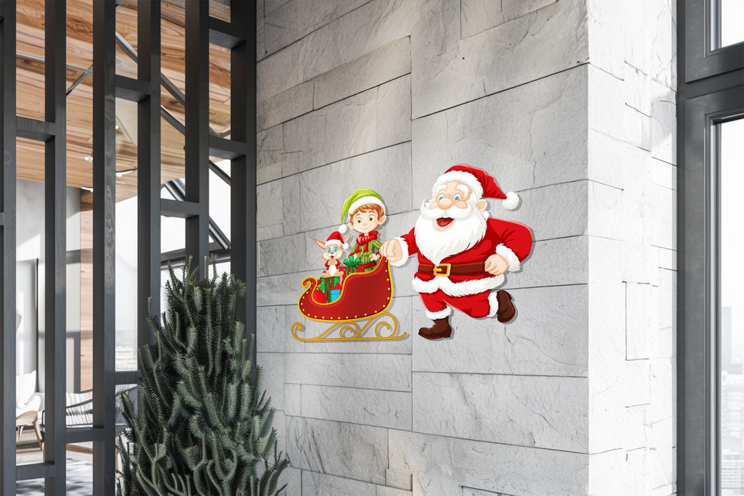سانتا وجولة الزلاجة مع الجان - لوحة جدارية لعيد الميلاد