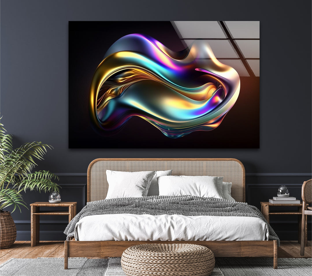 Aurora Chrome Wave – Iridescent Metallic Flow Glass Wall Art
