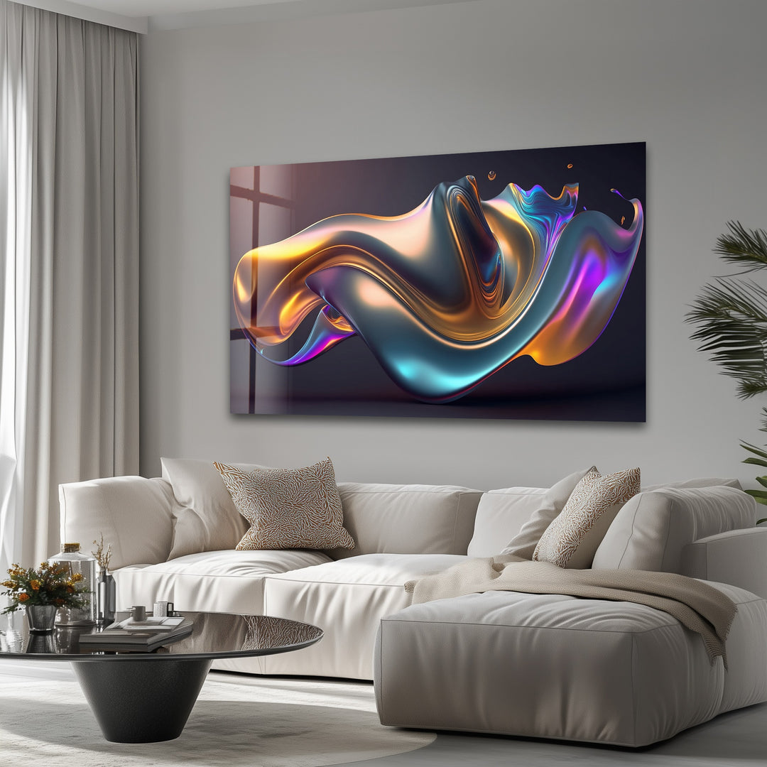 Prismatic Flow Mirage – Iridescent Chrome Wave Glass Wall Art