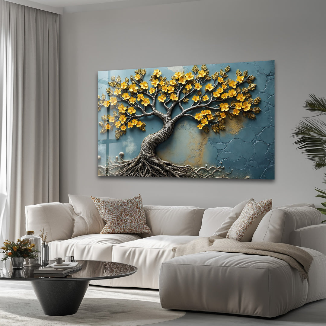 Golden Blossom Roots – Textured Floral Tree Glass Wall Art