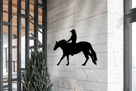 Galloping onward, this metal wall decor captures the powerful sense of movement in a western rider silhouette, bringing a dynamic energy to any space.