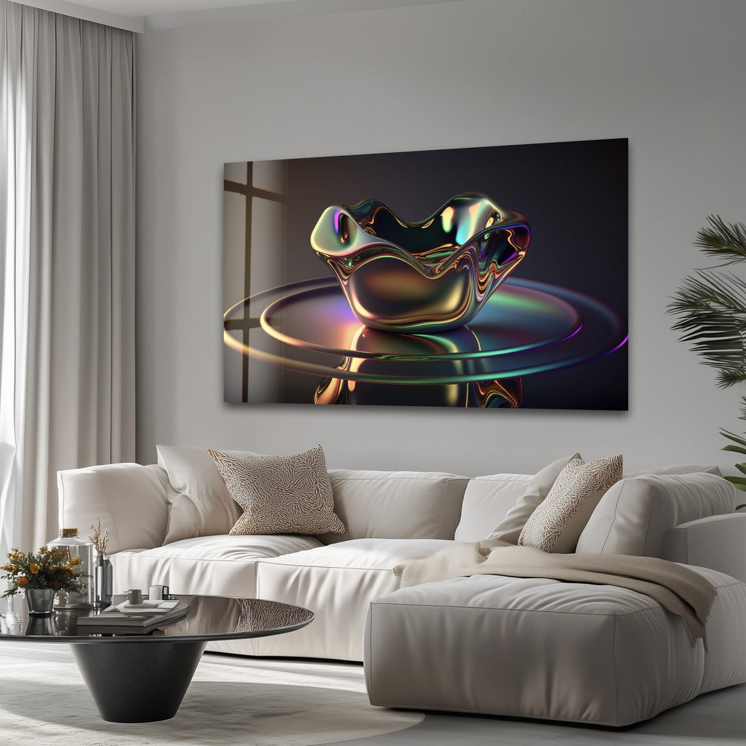 Iridescent Sculpted Bloom – Futuristic Chrome Bowl Glass Wall Art
