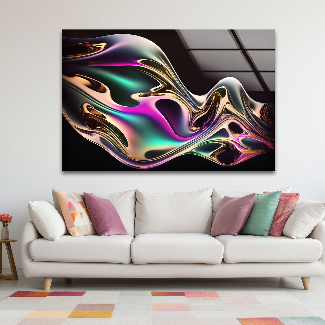 Neon Mirage Flow – Iridescent Metallic Wave Glass Wall Art