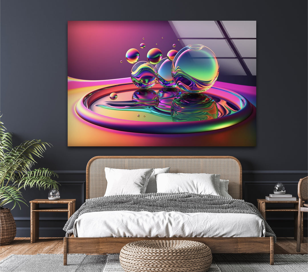 Luminous Orb Cascade – Neon Chromatic Sphere Sculpture Glass Wall Art