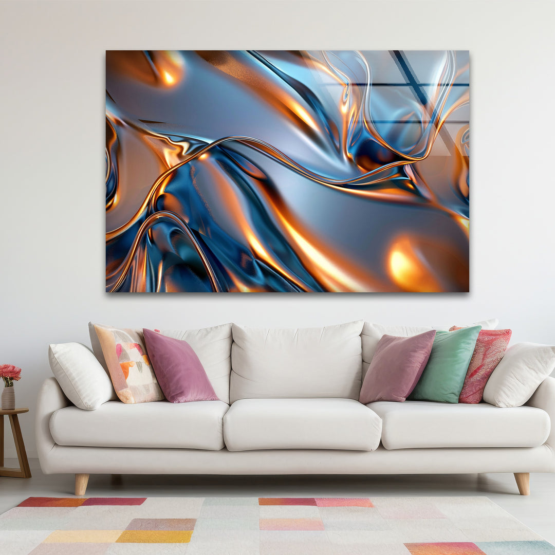 Aurora Metal Flux – Abstract Blue & Copper Chrome Glass Wall Art