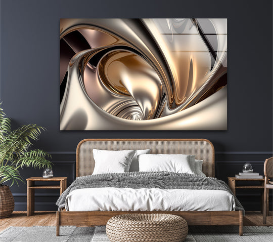 Champagne alloy flow glass wall art with metallic abstract gold and silver chrome shapes creating the loudest element.