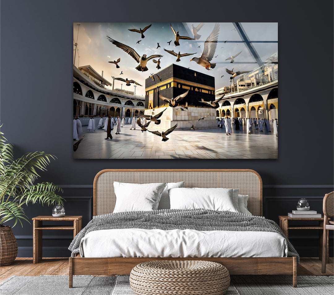 Peaceful Flight – Kaaba with Doves Glass Wall Art
