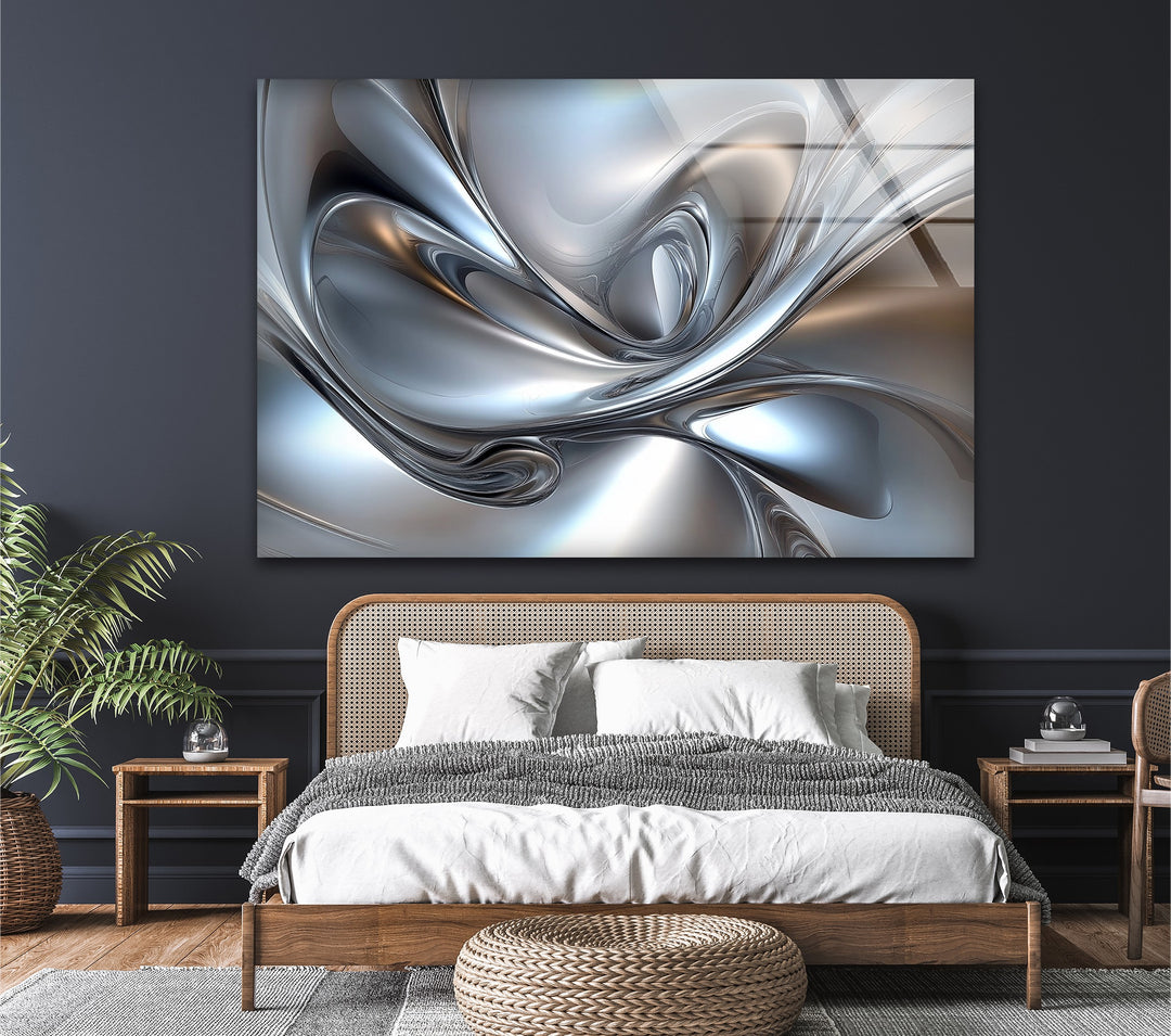 Polar Chrome Drift – Abstract Silver Fluid Glass Wall Art
