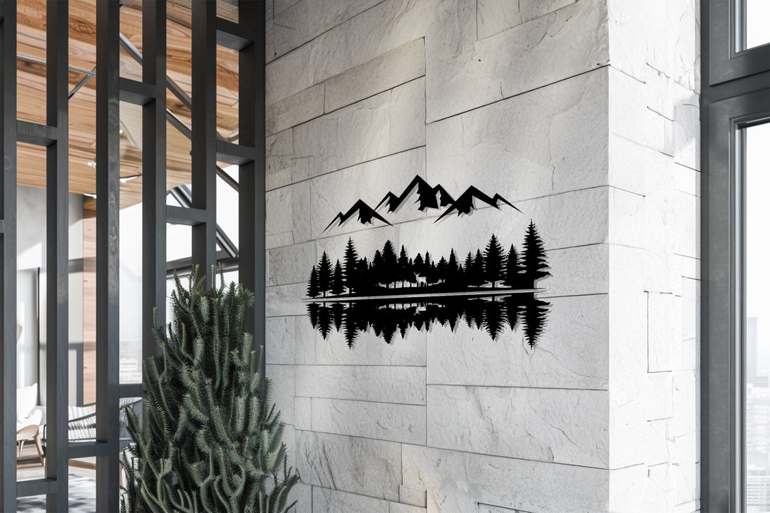 Rustic Mountain Forest Metal Wall Art – Nature Reflection Decor