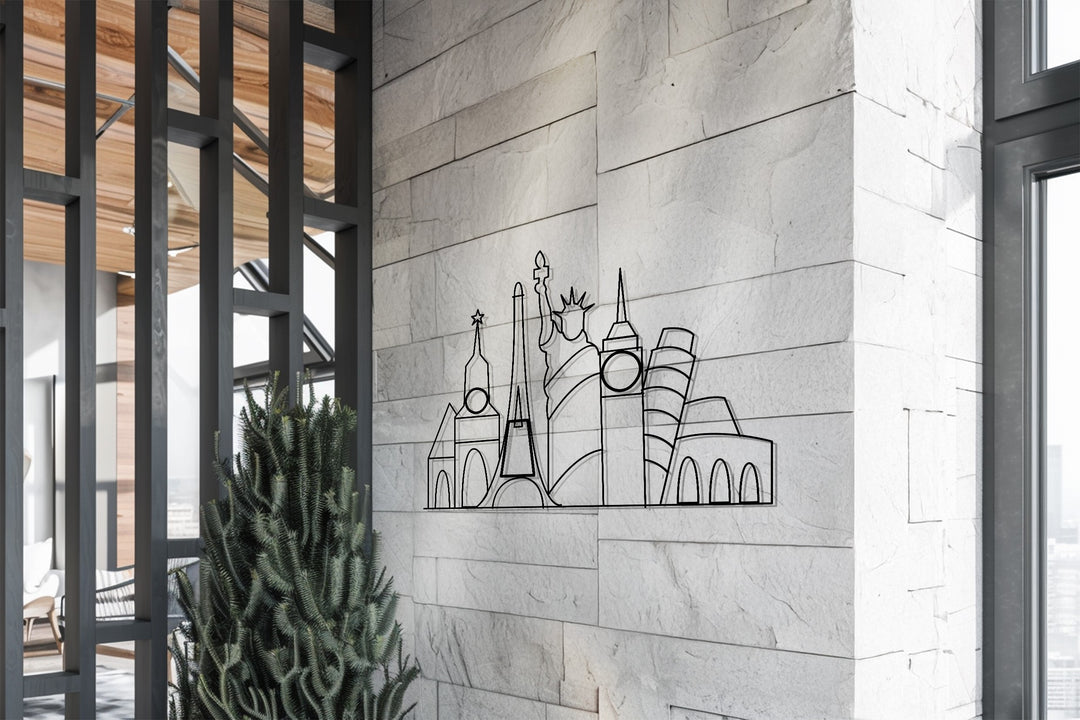 Modern world skyline metal wall art design