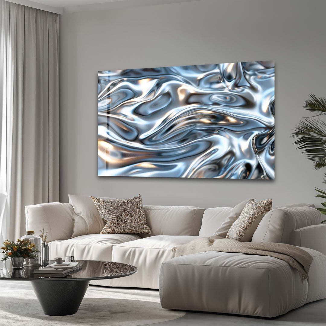 Molten Silver Drift – Abstract Metallic Fluid Glass Wall Art