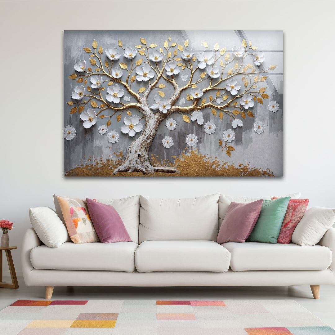 Golden Blossom Tree – Elegant Floral Relief Glass Wall Art