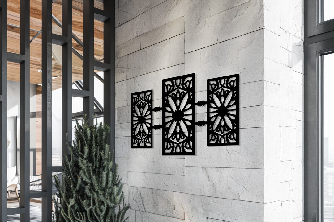 تصميم هندسي زهري - تصميم عصري بثلاثة ألواح فن جداري معدني