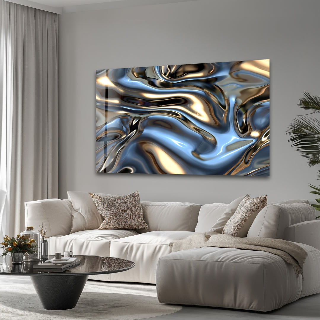 Celestial Metal Drift – Abstract Silver & Gold Fluid Glass Wall Art