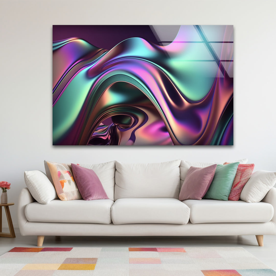 Iridescent Wave Mirage – Neon Chrome Flow Glass Wall Art