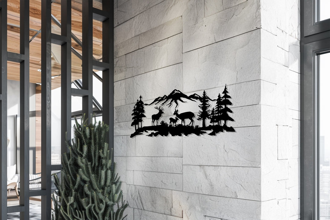 Deer Family Mountain Scene Metal Wall Art – Rustic Nature Decor