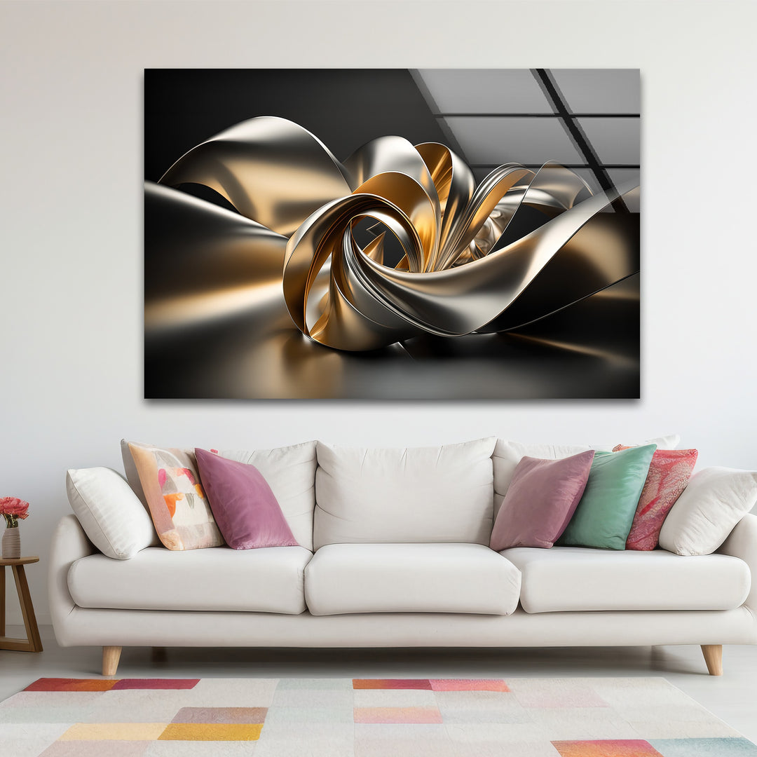 Golden Helix Flow – Abstract Metallic Ribbon Glass Wall Art