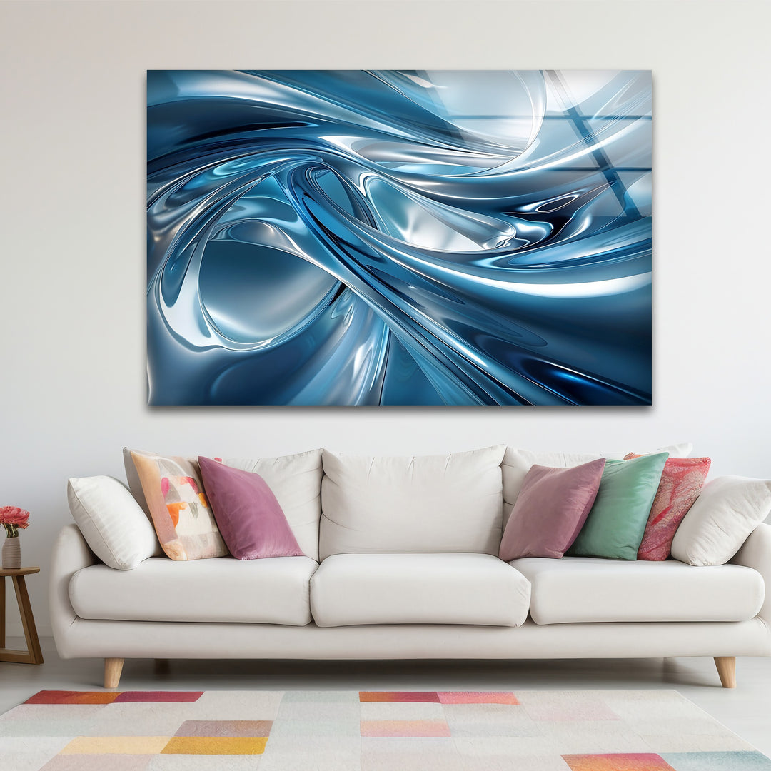 Azure Liquid Motion – Abstract Chrome Blue Glass Wall Art