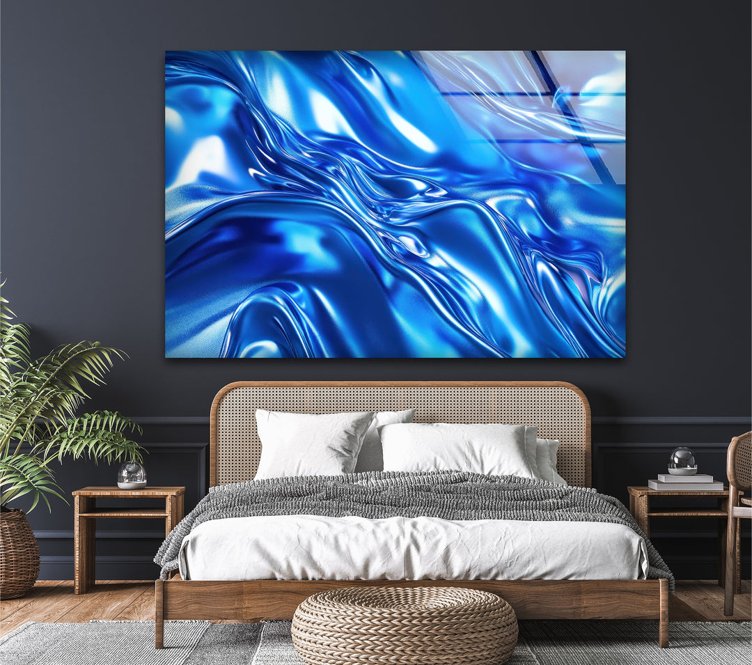 Cobalt Fluid Mirage – Abstract Blue Chrome Glass Wall Art