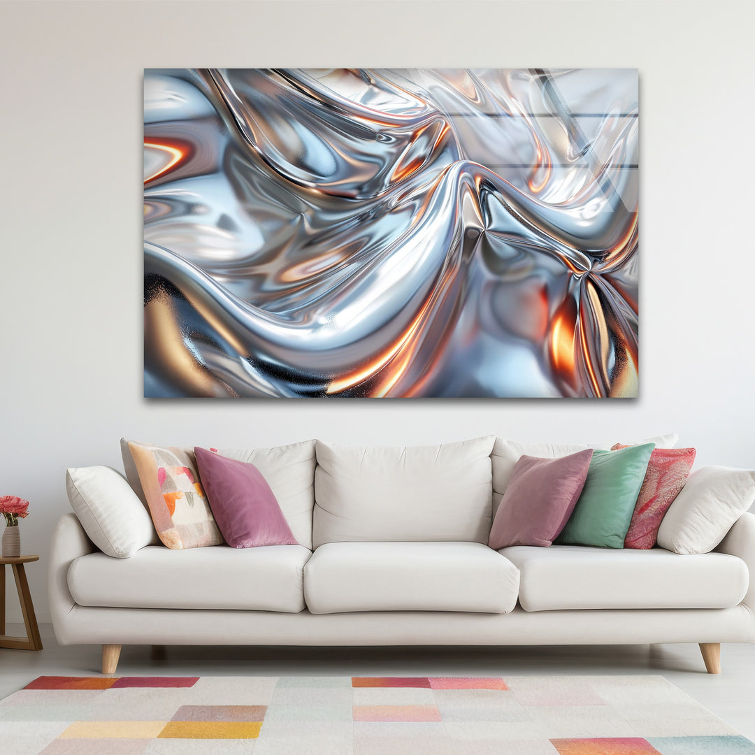 Luminous Steel Drift – Abstract Chrome Silver Glass Wall Art
