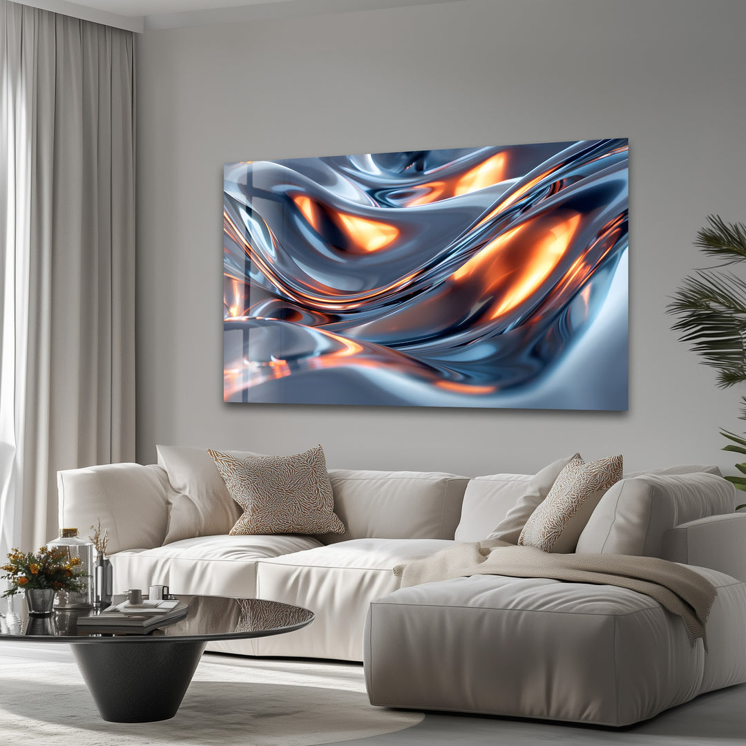 Solar Chrome Surge – Abstract Silver & Ember Flow Glass Wall Art