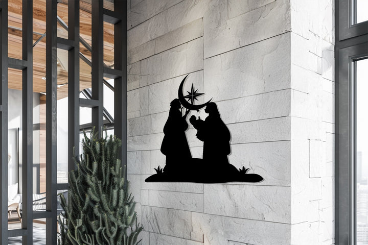 Religious Christmas décor featuring Mary, Joseph, and baby Jesus