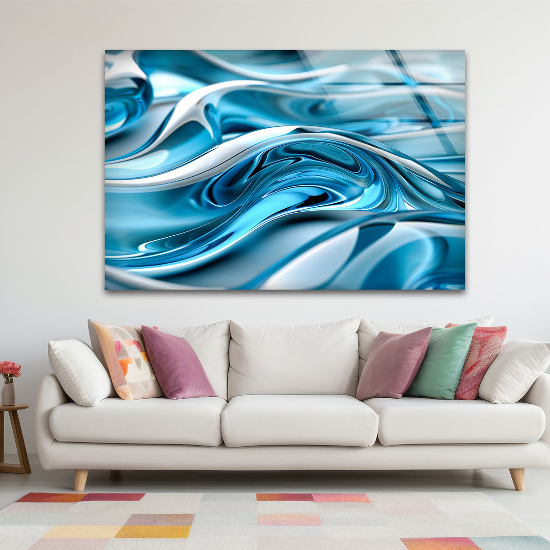 Arctic Wave Flow – Abstract Blue Chrome Fluid Glass Wall Art