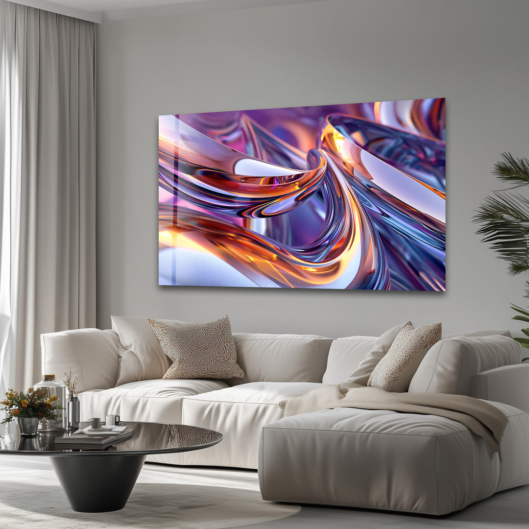 Prismatic Ribbon Fusion – Abstract Chrome Swirl Glass Wall Art