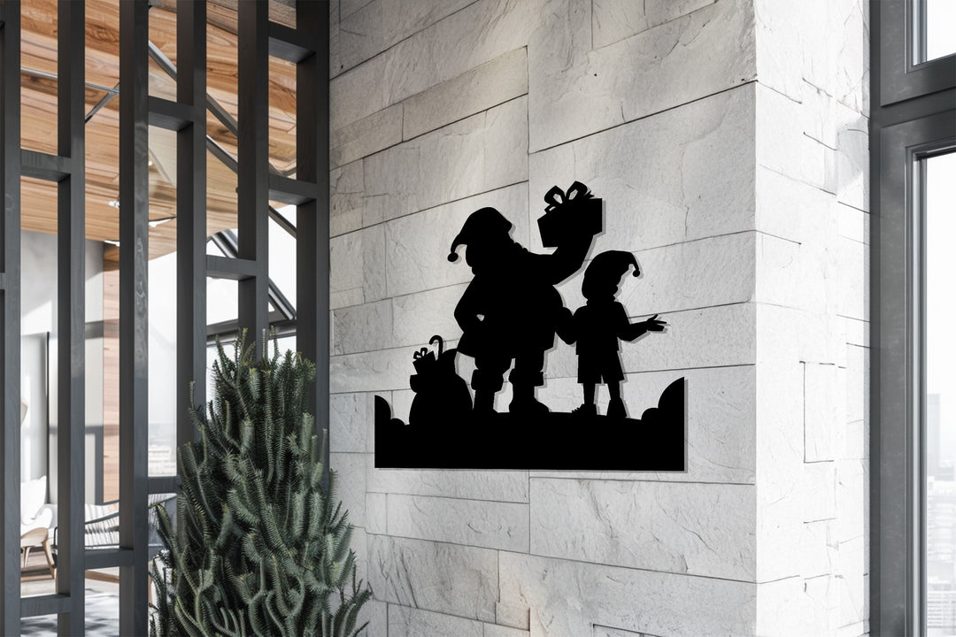 Festive black metal wall art – Santa with gifts holiday décor