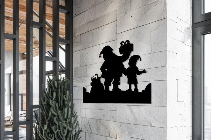 Festive black metal wall art – Santa with gifts holiday décor