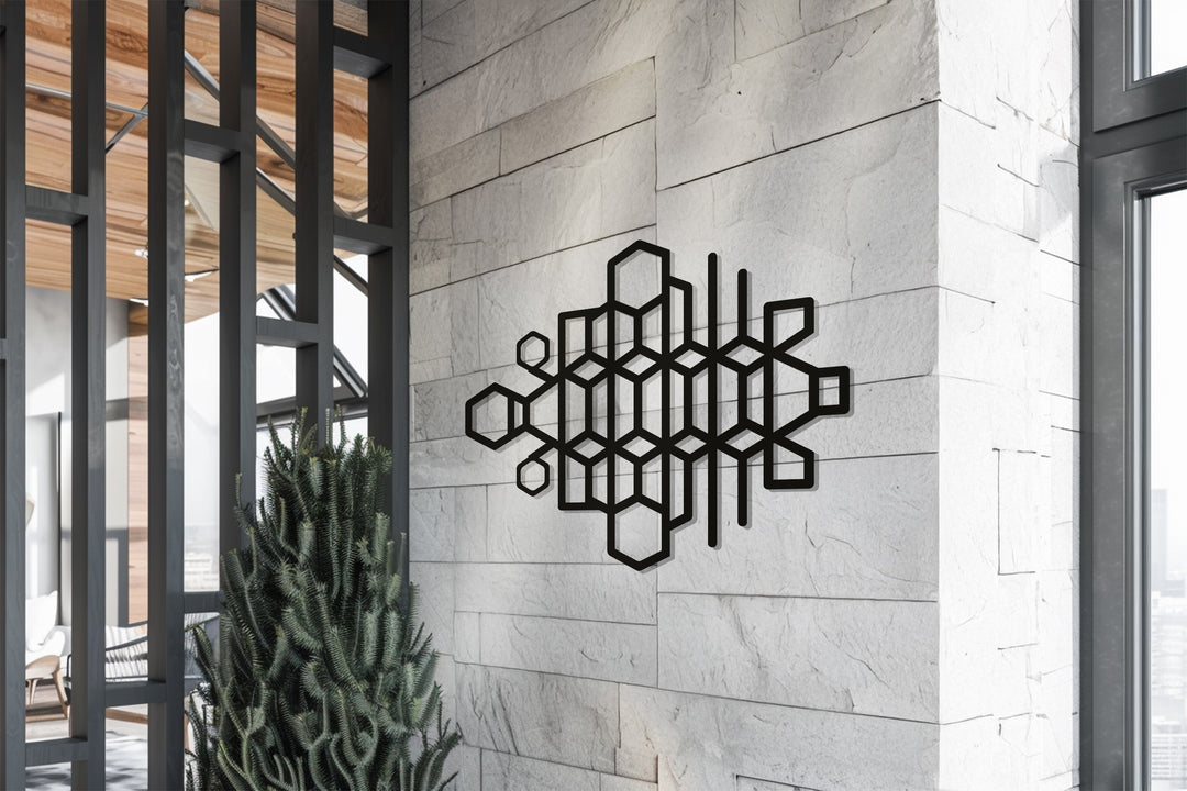 Geometric Hexagon Metal Wall Art – Modern Black Abstract Sculpture
