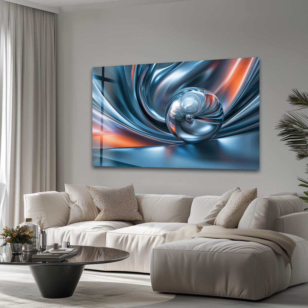 Chromatic Sphere Drift – Abstract Blue Silver Orb Glass Wall Art