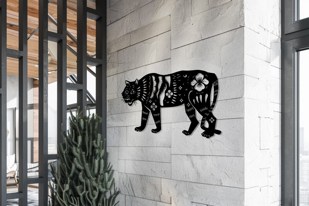 Floral Tiger Metal Wall Art – Animal Silhouette Decor