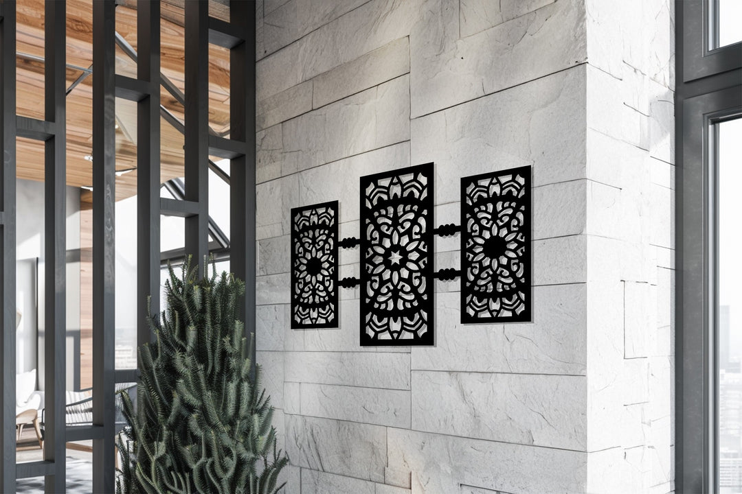 تناغم الأرابيسك – تصميم هندسي ثلاثي الأجزاء فن جداري معدني