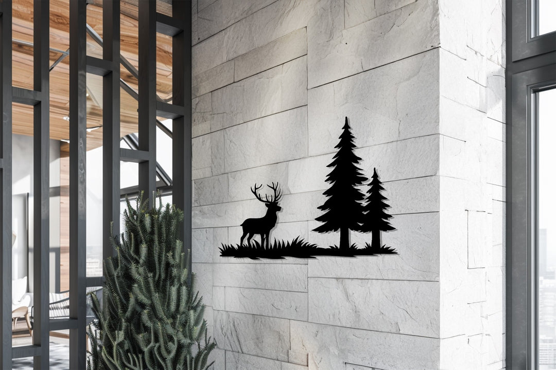 Lone Stag in Forest Metal Wall Art – Rustic Nature Design