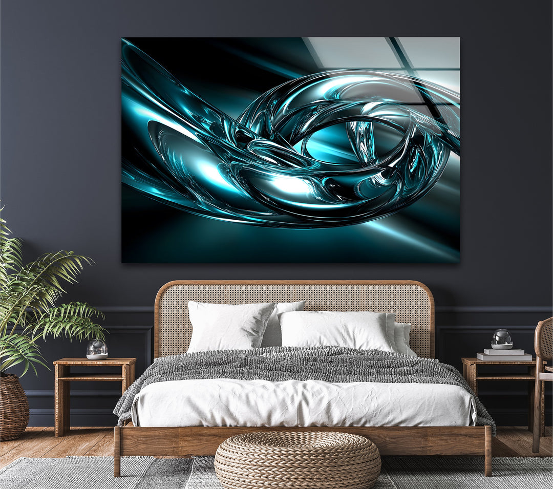 Aqua Vortex Chrome – Abstract Teal Metallic Motion Glass Wall Art