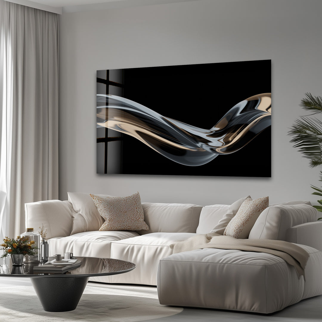 Ebony Silk Wave – Minimalist Metallic Flow Glass Wall Art