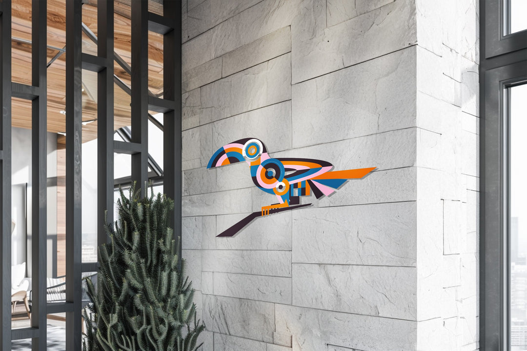 Modern tropical bird metal wall decor with vibrant shapes