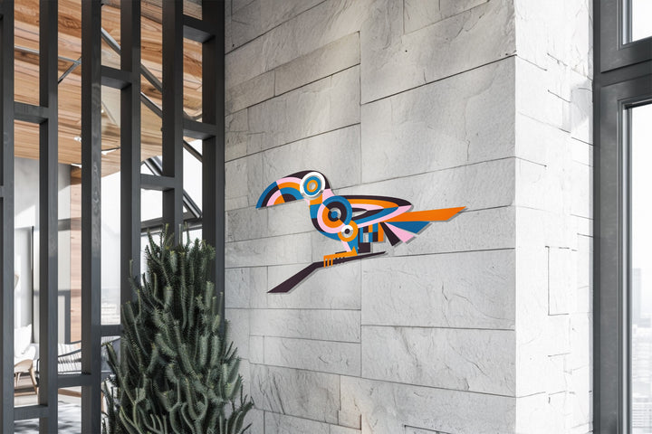 Modern tropical bird metal wall decor with vibrant shapes