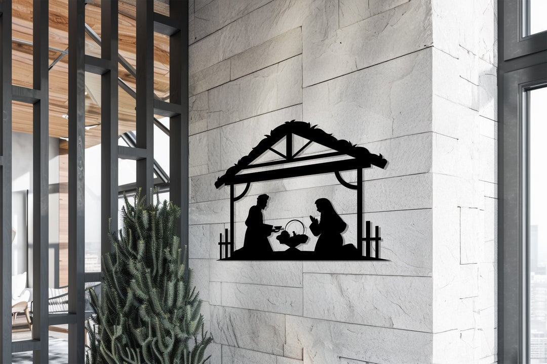 العائلة المقدسة في الإسطبل – مشهد ميلاد المسيح فن جداري معدني