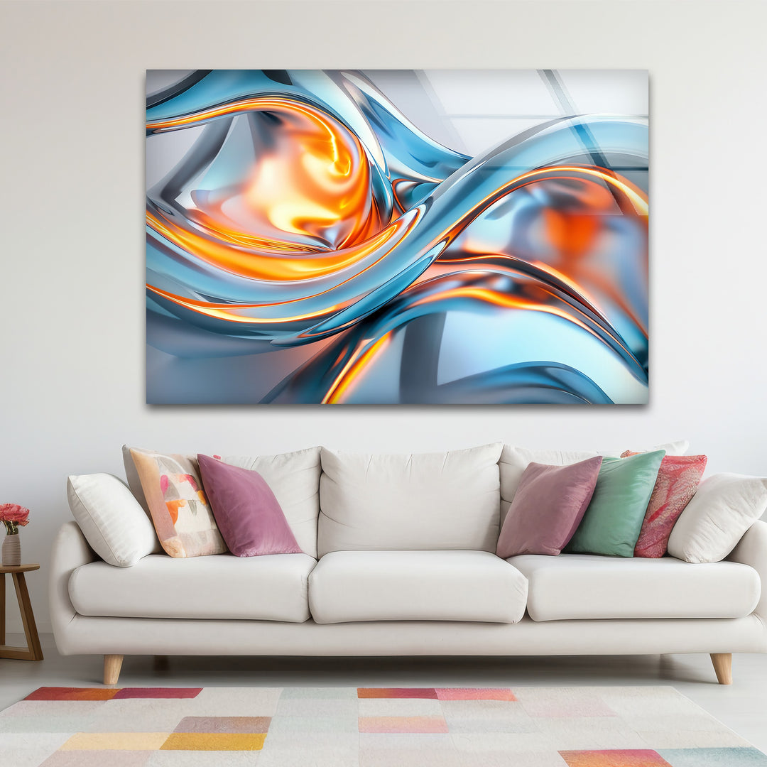 Solar Frost Fusion – Abstract Blue & Orange Chrome Glass Wall Art