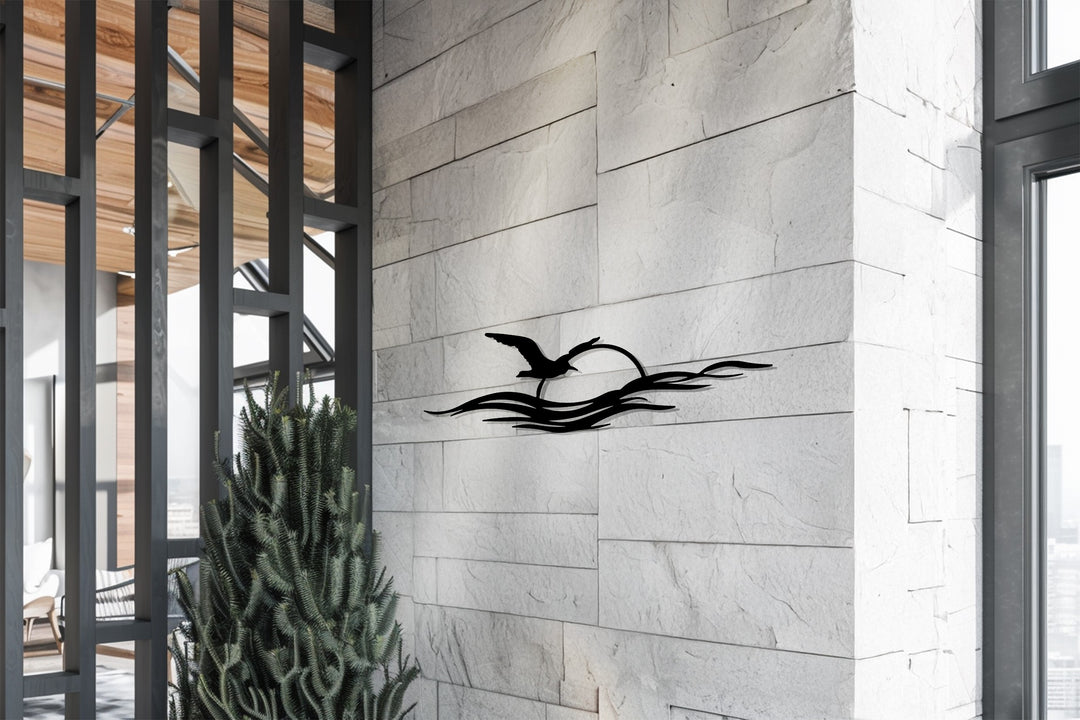 Flying Seagull Sunset Metal Wall Art – Coastal Minimalist Décor