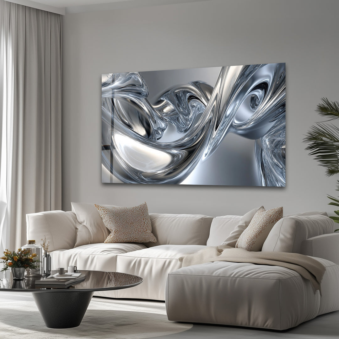 Silver Liquid Contours – Abstract Chrome Flow Glass Wall Art