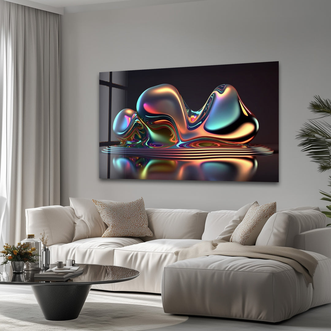 Liquid Prism Sculpture – Iridescent Chrome Form Glass Wall Art