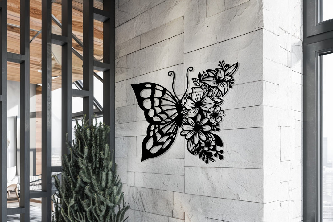 Floral Butterfly Metal Wall Art – Red Nature-Inspired Elegance